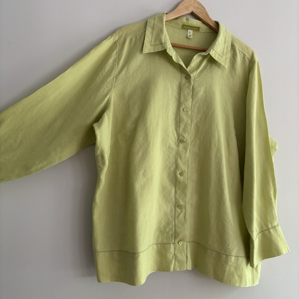 Sigrid Olsen Womens 2X Lime Green 100% Linen Button Up Chic Lagenlook Minimalist